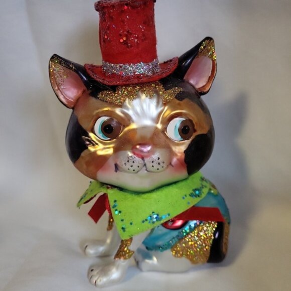 Hand Blown Glass Kitty Cat Top Hat Christmas Ornament - Picture 2 of 6